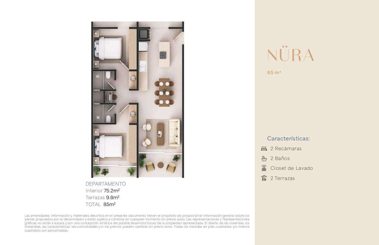 Los Cabos Nahara Cabo Living Discover this exclusive 2-bedroom residence at Nahara Cabo Living. Offering 85 m² total, including 75.2 m² of interior living space and 9.8 m² of terraces, this thoughtfully designed unit features a functional layout, abundant natural light, two private terraces, a laundry closet, elevator access, and high-end finishes throughout.Residents enjoy resort-style amenities including a clubhouse with gym, hotel-style guest suites, swimming pools, paddle and pickleball courts, fire pit areas, panoramic for sale