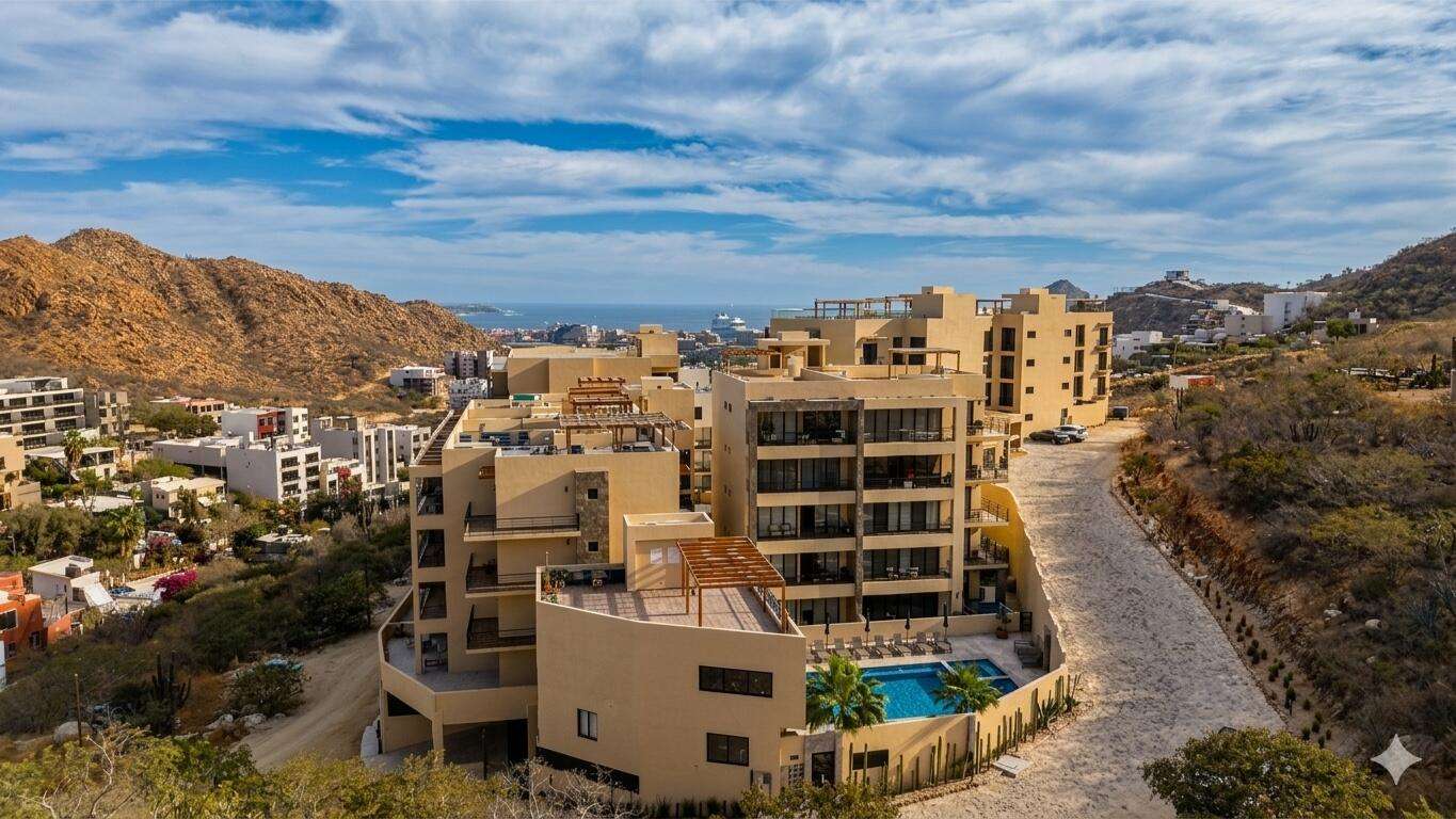 Los Cabos Vista Mare Condo for sale at Vista Mare in Cabo San Lucas, located on the ground floor and ready for delivery. This unit offers 128.03 m² total, distributed in 97.65 m² of interior space and 30.38 m² of terraces, providing comfortable and functional living areas. It features 2 bedrooms, 2 full bathrooms, living room, dining area, equipped kitchen, air conditioning, and a pleasant private patio, ideal for enjoying an exclusive outdoor space. It also includes 1 underground parking space. The development offers amenities such as a gym, 2 swimming pools, jacuzzi, and firepit, perfect for enjoying the Los Cabos lifestyle. An excellent option to live in, vacation, or invest in a high-demand real estate area. for sale