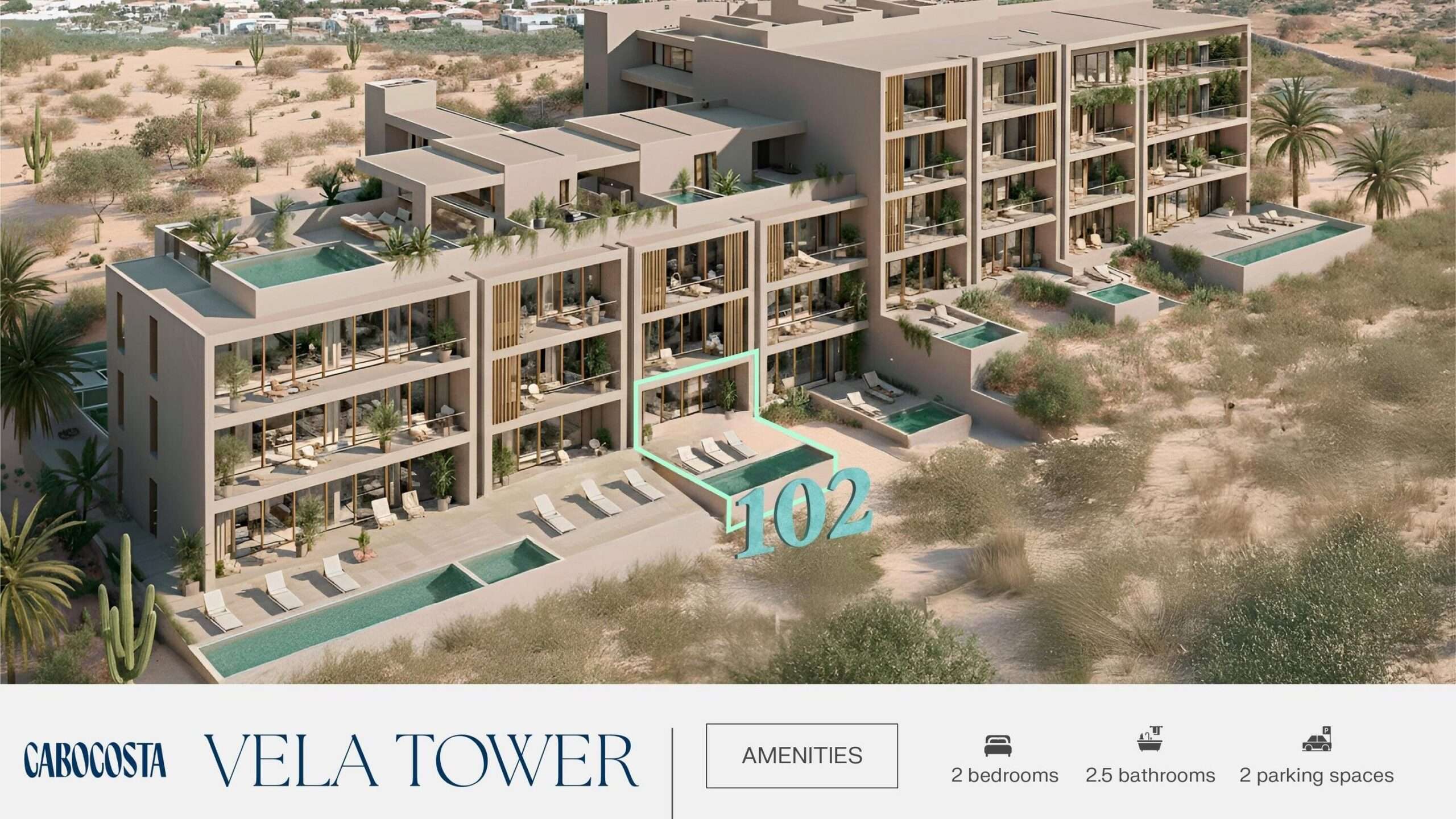 Los Cabos Cabo Costa Welcome to Villa 102 at Cabo Costa - Vela Tower, a modern 2-bedroom, 2.5-bath ground-floor residence located in the desirable Cabo Corridor / El Tezal area. This thoughtfully designed home offers a seamless indoor-outdoor lifestyle with contemporary finishes, an open-concept layout, and direct access to a spacious private terrace. One of the highlights of this residence is its private plunge pool and outdoor lounge area, creating the perfect space for relaxing or entertaining while enjoying the Cabo lifestyle.The unit offers approximately 105 m² (1,130 sq. ft.) of interior space and a total of 144 m² (1,549 sq. ft.) including a 39 m² (420 sq. ft.) terrace, providing a well-balanced layout for comfort and functionality.Cabo Costa is a boutique-style development offering resort-inspired amenities, including pools, fitness center, clubhouse, jacuzzi, sun deck, children's area, and beautifully landscaped common spaces.Ideally located just minutes from downtown Cabo San Lucas, beaches, the marina, restaurants, and shopping, this property combines convenience, lifestyle, and strong investment potential.Pre-construction opportunity with estimated delivery in November 2026, allowing buyers to secure today's pricing in one of Cabo's fastest-growing areas.Perfect as a vacation home, rental investment, or full-time residence in Los Cabos. for sale